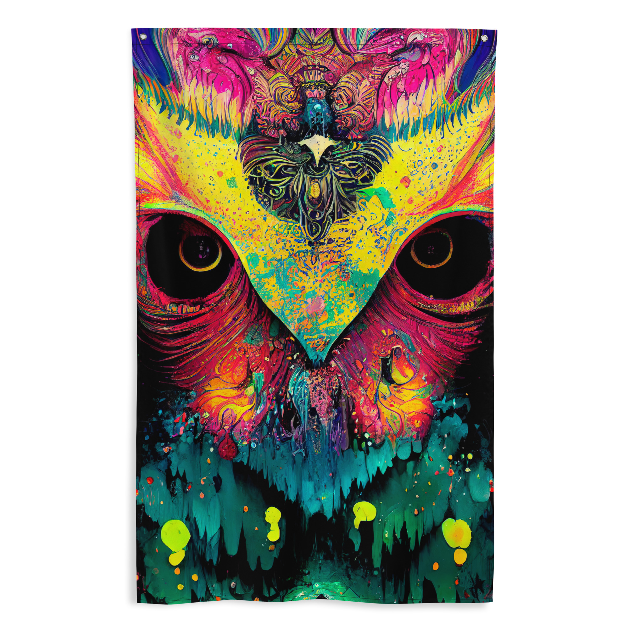 all-over-print-flag-white-front-637e88283dc74.jpg This 'Supernatural Being' tapestry is the second in our Spirit Animal series, featuring a haunting creature with recessed eyes that looks like a supernatural owl or an extraterrestrial being. With its vivid colors and otherworldly charm, this unique tapestry is the perfect addition to any home, bringing a transcendental touch that is sure to captivate and inspire. Add an otherworldly dimension to your living space with this extraordinary tapestry today.