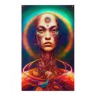 Mind Over Matter | Tapestry 1 Add a burst of color and wonder to your home decor with our 'Mind Over Matter' tapestry. This stunning piece showcases a woman transcending reality with her mind and transmuting herself into a higher dimension, making it a unique and captivating addition to any room.