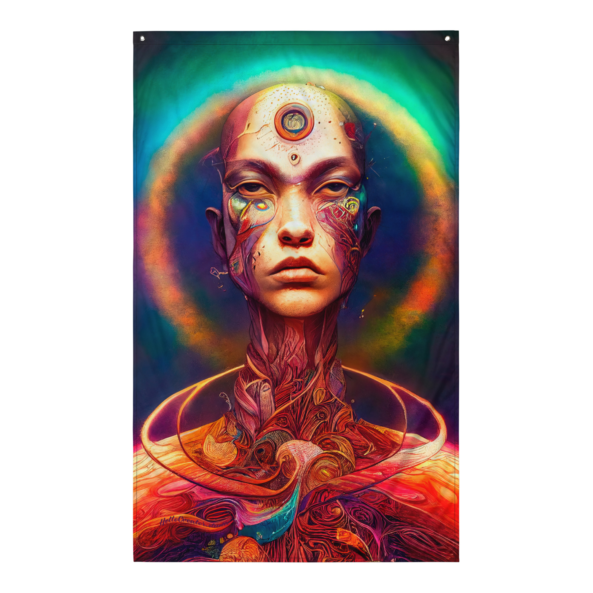 all-over-print-flag-white-front-637eb6d2d38a0.jpg Add a burst of color and wonder to your home decor with our 'Mind Over Matter' tapestry. This stunning piece showcases a woman transcending reality with her mind and transmuting herself into a higher dimension, making it a unique and captivating addition to any room.