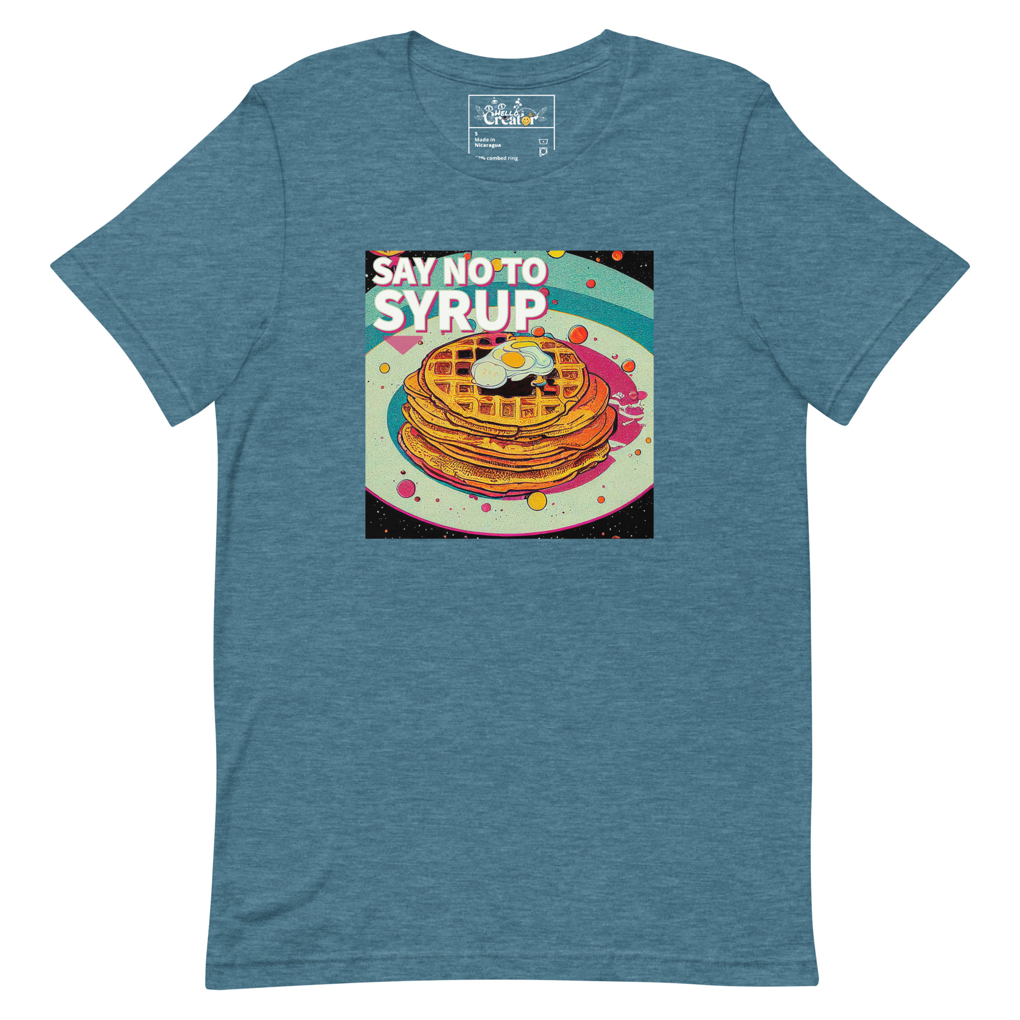 unisex-staple-t-shirt-heather-deep-teal-front-6374899f8d1bd.jpg Get ready to make a sweet statement with our hilarious 'Say No to Syrup' Unisex t-shirt. This tongue-in-cheek parody design is a playful twist on the famous 'Say No to Drugs' campaign. We're taking a stand against the real menace in our society: syrup addiction! It's time to show your support for a syrup-free world before it's too late with this witty and eye-catching t-shirt. Crafted with premium quality materials, this t-shirt offers a comfortable fit for both men and women. The design features a clever play on words, guaranteeing smiles and laughter wherever you go. Whether you're rocking it at a party, a casual hangout, or just want to make a bold yet meaningless statement, this t-shirt is sure to turn heads and spark conversations. Remember, this is all in good fun! Embrace the irony, spread laughter, and enjoy the light-hearted satire with our 'Say No to Syrup' t-shirt. It's a perfect gift for those who appreciate clever humor and a touch of absurdity. - Heather Deep Teal