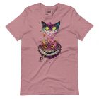 Nicotine Bubblegum | Unisex t-shirt 1 Step into the whimsical world of the 'Mushroom Tea Party' series with our 'Nicotine Bubblegum' t-shirt. Inspired by Alice in Wonderland, this extraordinary shirt features a mischievous Cheshire Cat grinning with a sinister charm. Another Cheshire Cat, covered in bubble gum growing atop its head, adds an intriguing twist to this surreal scene. The 'Nicotine Bubblegum' design is a captivating fusion of trippy and weird, drawing you into a world where reality blends with imagination. With its vibrant colors and intricate details, this t-shirt is a visual delight that pays homage to the enchanting tale of Alice in Wonderland. Crafted with care and made from high-quality materials, this t-shirt offers both comfort and style. The soft fabric caresses your skin, while the fit is stylish and flattering. Whether you're exploring curious realms or simply embracing your unique style, the 'Nicotine Bubblegum' shirt is the perfect choice. - Heather Orchid