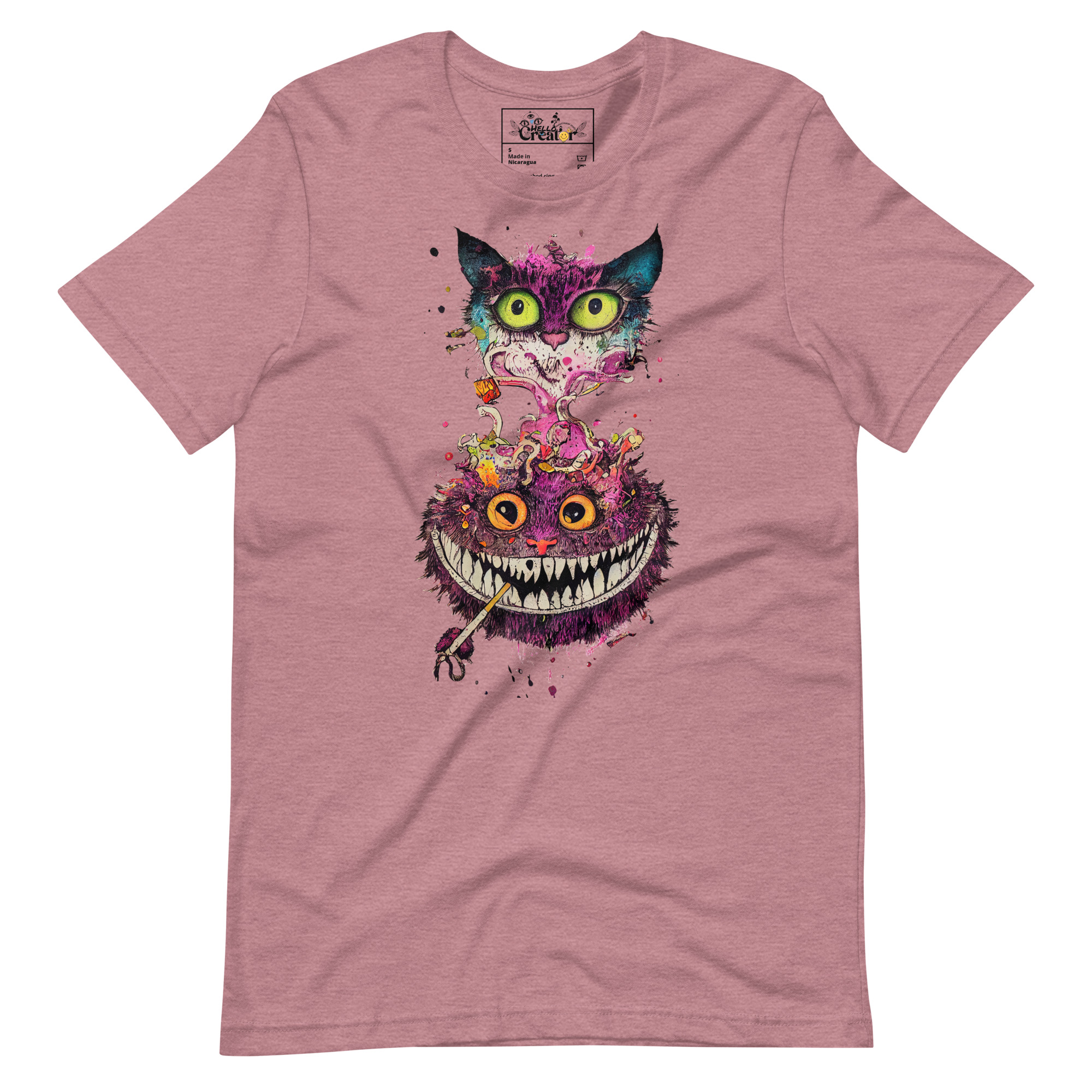 unisex-staple-t-shirt-heather-orchid-front-63750e1e10e94.jpg Step into the whimsical world of the 'Mushroom Tea Party' series with our 'Nicotine Bubblegum' t-shirt. Inspired by Alice in Wonderland, this extraordinary shirt features a mischievous Cheshire Cat grinning with a sinister charm. Another Cheshire Cat, covered in bubble gum growing atop its head, adds an intriguing twist to this surreal scene. The 'Nicotine Bubblegum' design is a captivating fusion of trippy and weird, drawing you into a world where reality blends with imagination. With its vibrant colors and intricate details, this t-shirt is a visual delight that pays homage to the enchanting tale of Alice in Wonderland. Crafted with care and made from high-quality materials, this t-shirt offers both comfort and style. The soft fabric caresses your skin, while the fit is stylish and flattering. Whether you're exploring curious realms or simply embracing your unique style, the 'Nicotine Bubblegum' shirt is the perfect choice. - Heather Orchid