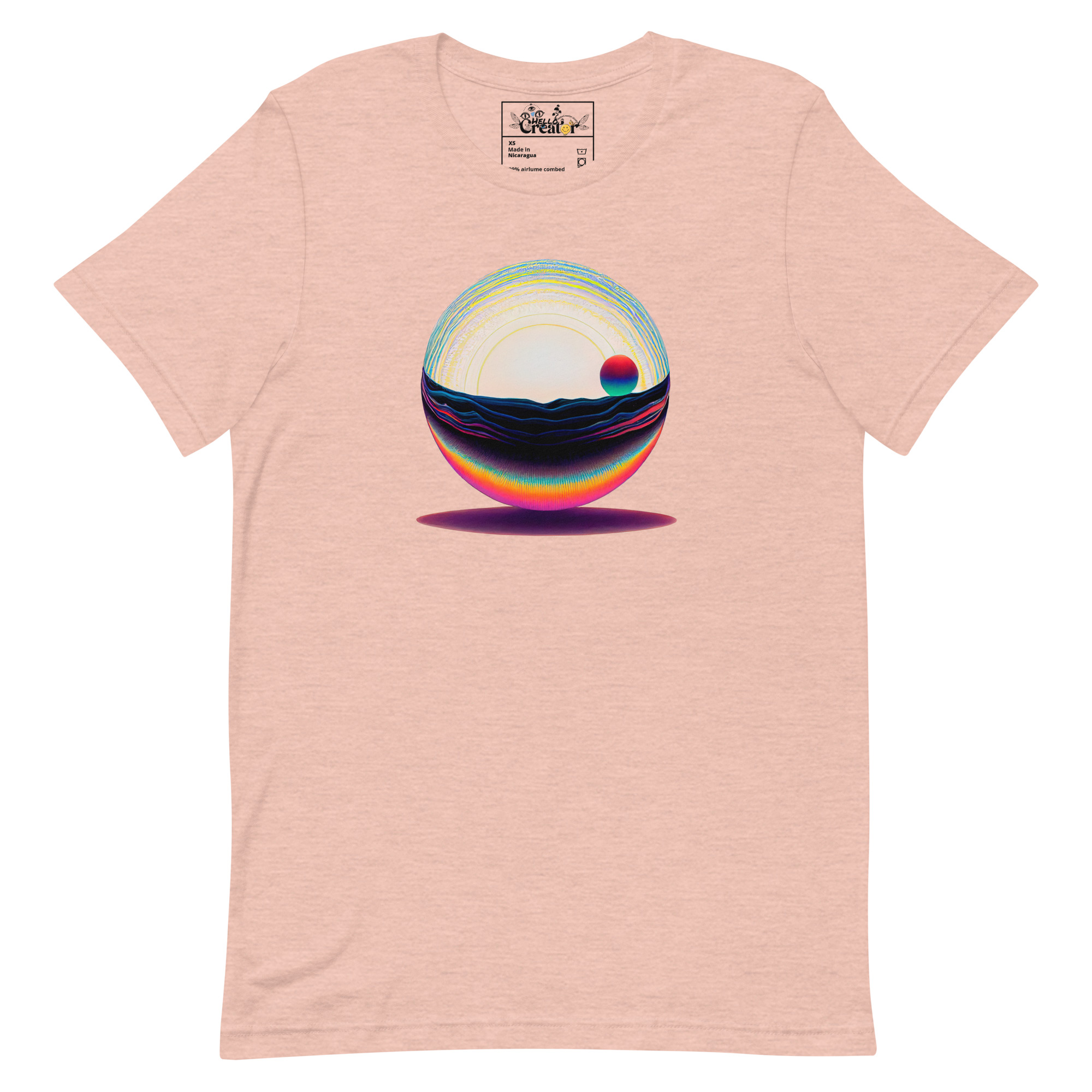 unisex-staple-t-shirt-heather-prism-peach-front-637468d0aeef5.jpg Introducing 'Spherification,' the minimalistic Unisex T-shirt that will transport you to an otherworldly dimension. This alluring design showcases a floating metallic sphere that reflects an alien landscape, creating a mesmerizing and ethereal visual experience. This shirt is a minimalistic work of art with a soft color scheme that exudes simplicity. Crafted with meticulous attention to detail, our 'Spherification' Unisex T-shirt offers both comfort and style. The premium quality fabric ensures a soft and luxurious feel against your skin, while the flattering fit enhances your unique charm. Whether you're exploring new horizons or simply expressing your love for the unknown, this shirt is the perfect choice. Step into the realm of mystery and intrigue with 'Spherification.' Let the floating metallic sphere ignite your imagination and inspire endless possibilities. Embrace the beauty of the unknown and embrace your inner explorer. Our 'Spherification' Unisex T-shirt is more than just a garment – it's a gateway to a world beyond imagination. - Heather Prism Peach