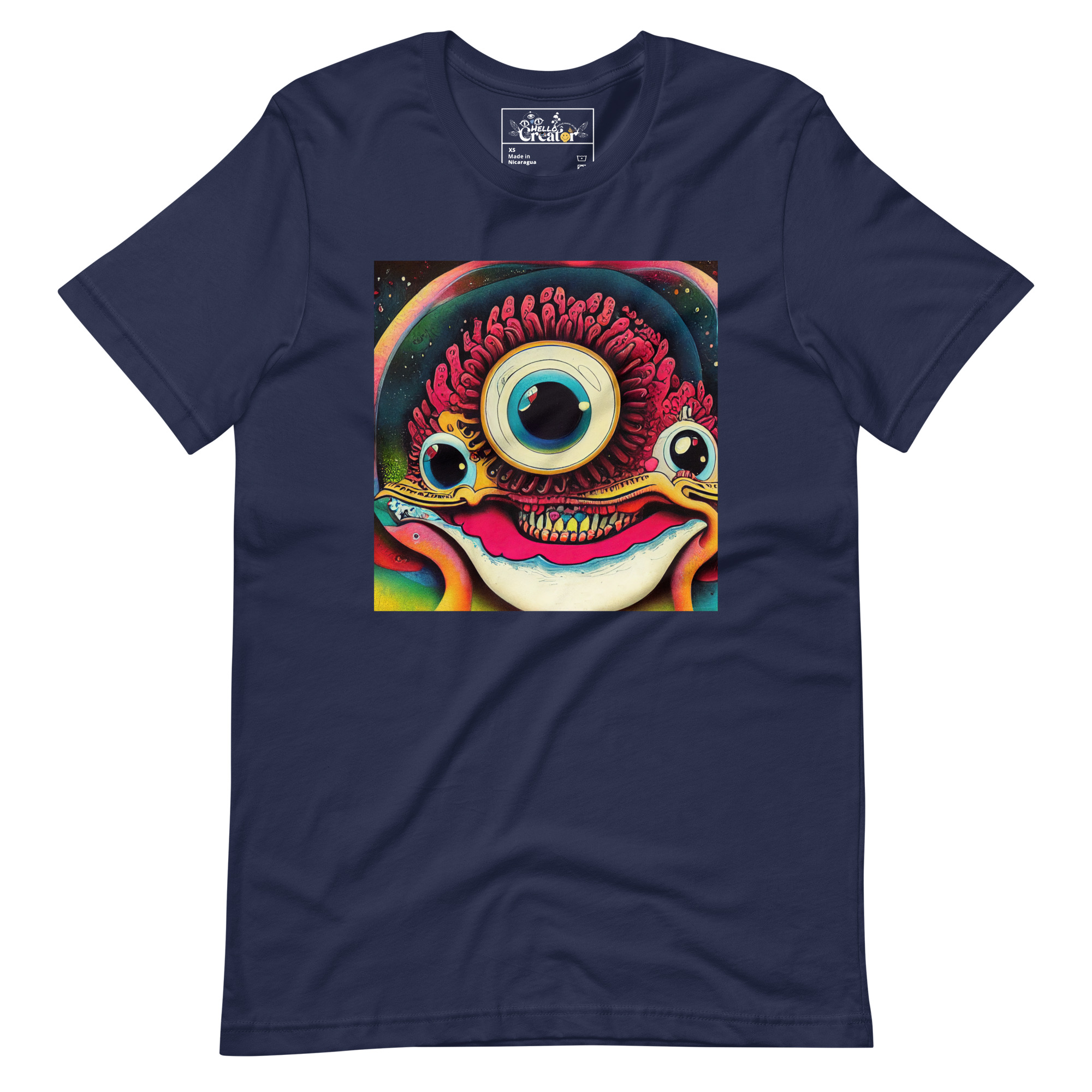 unisex-staple-t-shirt-navy-front-63747e88dd712.jpg Introducing 'More Than Happy to See You' Unisex T-shirt, a whimsical creation that will warm your heart and bring a smile to your face. This delightful artwork features a cute multi-dimensional being adorned with three eyes, one of which is prominently large and located in the center of its head. With a welcoming grin, this creature radiates pure joy and excitement at the sight of you. Immerse yourself in the enchanting presence of this unique creature, as its vibrant colors and captivating design capture your imagination. The large center eye acts as a focal point, drawing you in and creating a sense of connection and intrigue. Crafted with meticulous attention to detail, this Unisex T-shirt offers both style and comfort. The premium quality fabric ensures a soft and cozy feel against your skin, while the flattering fit makes it a versatile choice for everyone. Wear it proudly and let the 'More Than Happy to See You' artwork bring an aura of positivity and happiness to your everyday life. Experience the magic of this multi-dimensional being, and let its infectious joy become a part of your journey. Embrace the warmth, the love, and the happiness it radiates. Allow 'More Than Happy to See You' to remind you that you are cherished and welcomed wherever you go. - Navy