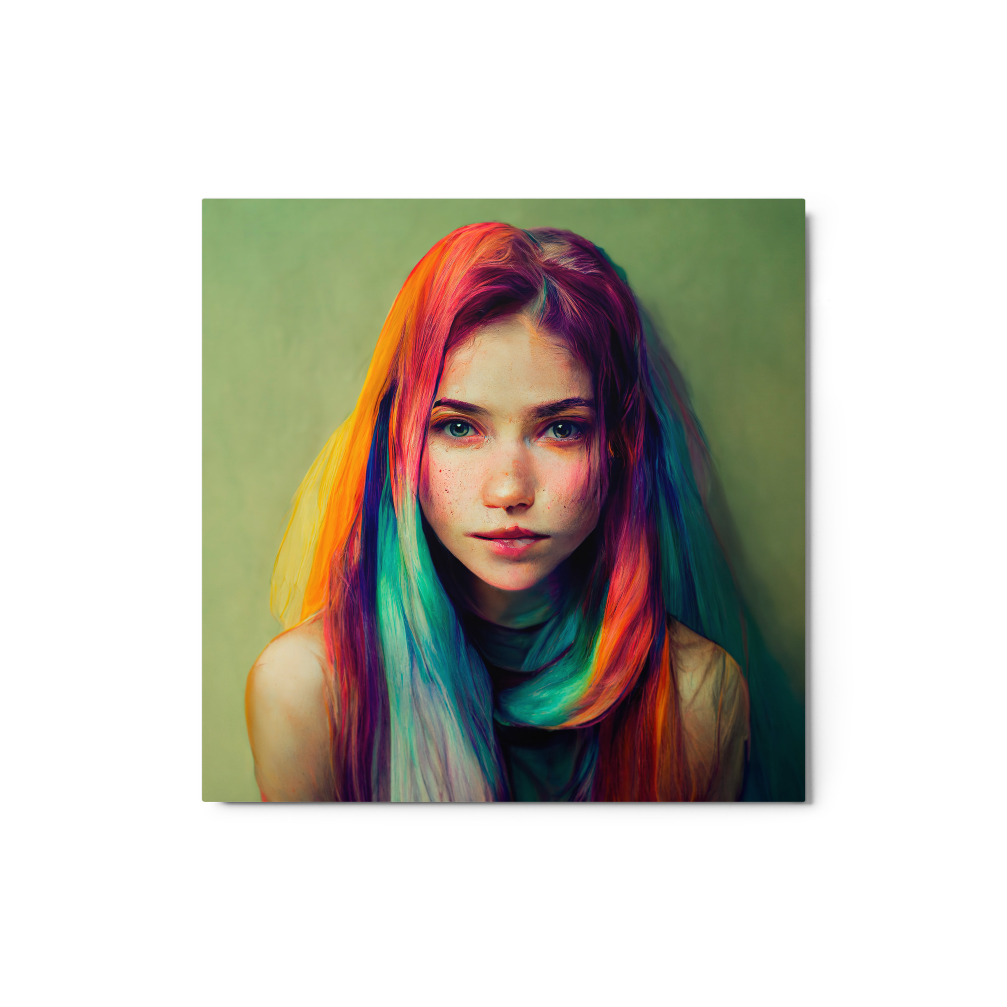 glossy-metal-print-in-white-12x12-front-6396462331a43.jpg Make a statement with our 'Girl with Rainbow-colored Hair' HD metal print. This colorful portrait features a girl with vivid rainbow hair on a muted green background, with eyes that create an unsettling, yet captivating effect. Printed using the latest die sublimation technology, the colors are rich and vibrant, making it a standout piece in any room. This unique and bold artwork is sure to catch the attention of anyone who enters the room. - 12"x12" HD Metal Print