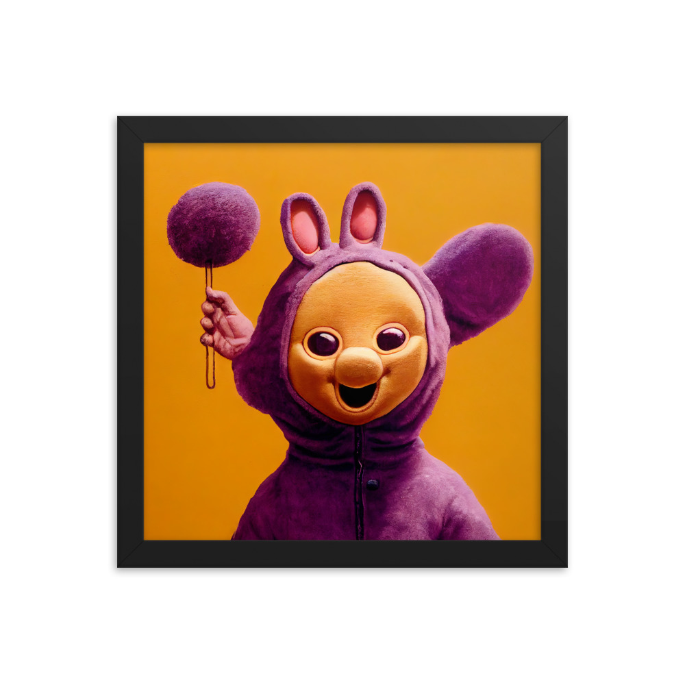 premium-luster-photo-paper-framed-print-in-black-12x12-transparent-6396a6d1cfc63.jpg Narrator: "In the whimsical land of ColorScape, 'ArtieWhispers' stands poised against a brilliant orange dreamscape. Clad in a luxurious hue of imaginative purple, with ears reminiscent of playful bunnies, ArtieTubby holds a quirky purple orb, a symbol of creativity in this world." ArtieWhispers: "Eh-oh! This is my DreamOrb. It captures the essence of ColorScape." Narrator: "Today, ArtieWhispers is waiting for friends. Who will join the fun?" - 12x12