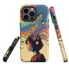 What are you thinking about? | Tough iPhone case 1 Carry a visual reminder of your innermost thoughts and feelings with our 'What Are You Thinking About?' iPhone case. This colorful and thought-provoking design features a girl's profile with a multi-colored face, surrounded by abstract shapes and colors representing her thoughts. With its bold and beautiful design, this case is a perfect accessory for those who appreciate the power of introspection and self-reflection. - iPhone 14 Pro Max