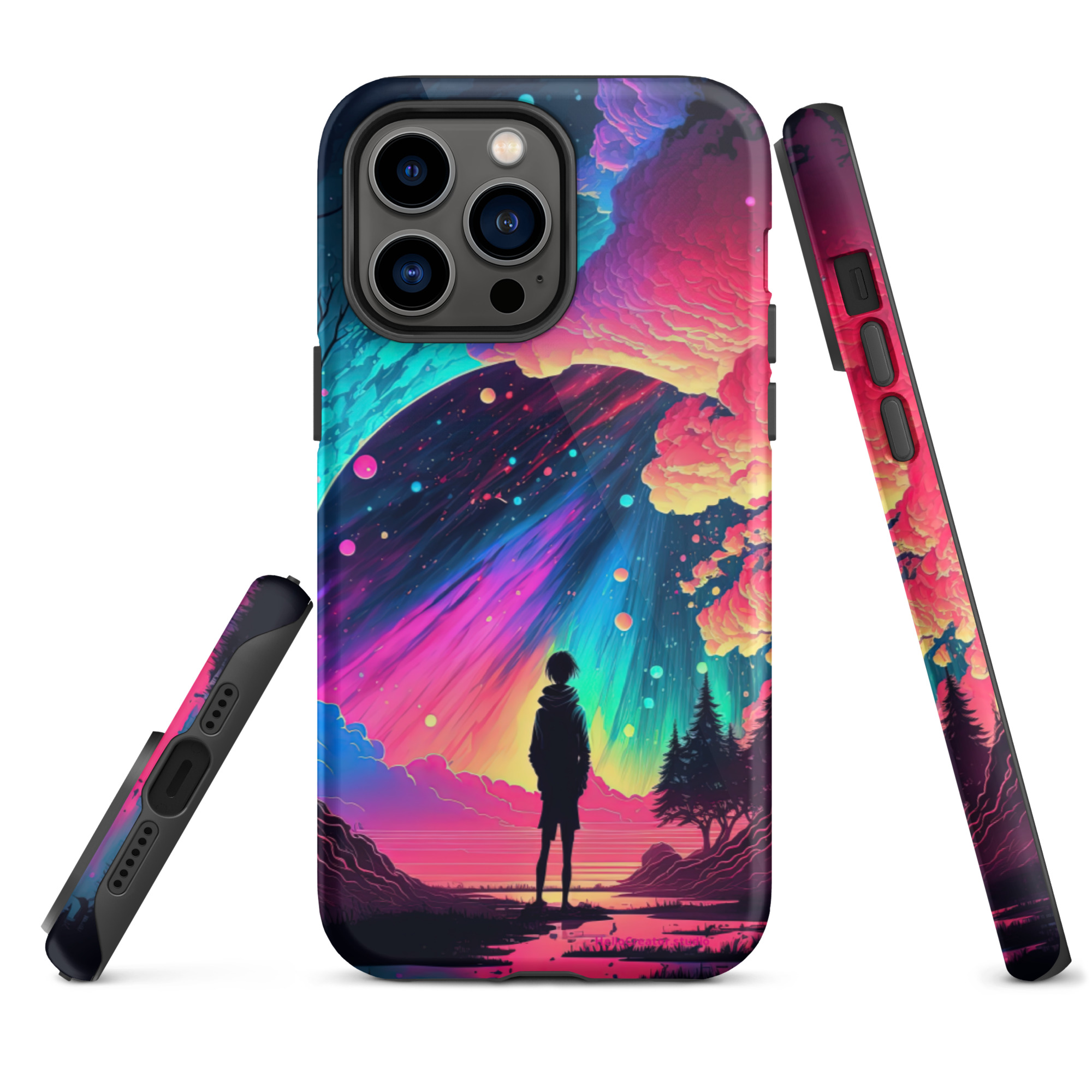 tough-iphone-case-glossy-iphone-14-pro-max-front-63bb6fb4163ea.jpg Enter the enchanting world of lucid dreams with our 'Vague Reflections' iPhone Case. This playful and imaginative design captures the essence of lucid dreaming, showcasing a silhouette of a young adventurer standing in nature, gazing up at a multi-colored aurora borealis. With its high-quality materials, this case provides excellent protection for your phone. It's the perfect accessory for lucid dreamers, and a reminder to always stay curious and explore new horizons. The 'Vague Reflections' iPhone Case is a great gift for anyone who loves the adventure of lucid dreaming, and a perfect match for our 'Dreams I Can't Remember' series. - iPhone 14 pro max