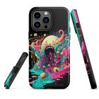 I feel a little weird | Tough iPhone case 2 Embrace this cute little ball of emotions with our 'I Feel a Little Weird' iPhone case. This delightful case features a charming little shoggoth monster, with spiky tentacles of neon drip paint. But wait, it seems this adorable creature is having a bad day, perhaps going through heartbreak! With kanji characters for 'love' tattooed over its eyes, it melts into the ground, expressing a range of emotions. With its cyberpunk-inspired art and maximalist design, this case is a true standout. The vibrant colors and intricate details will catch everyone's attention and bring a smile to their faces. Not only is it a playful accessory for your iPhone, but it also offers reliable protection from everyday bumps and scratches. Let this 'I Feel a Little Weird' iPhone case be a little puddle of emotions that brightens your day and adds a touch of quirkiness to your style. Express your love for cyberpunk art, neon rainbow drip paint aesthetics, and the charm of spiky tentacles with this cute and captivating phone case. Brighten your day with our 'I Feel a Little Weird' iPhone case. - iPhone 14 pro max