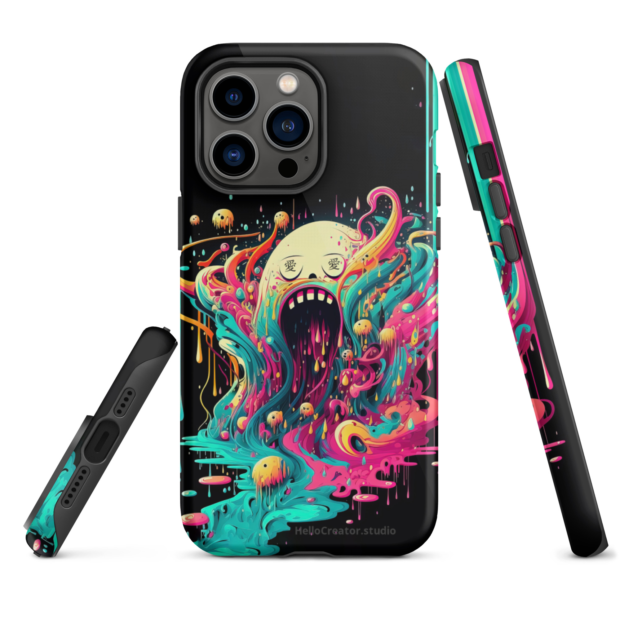 Embrace this cute little ball of emotions with our 'I Feel a Little Weird' iPhone case. This delightful case features a charming little shoggoth monster, with spiky tentacles of neon drip paint. But wait, it seems this adorable creature is having a bad day, perhaps going through heartbreak! With kanji characters for 'love' tattooed over its eyes, it melts into the ground, expressing a range of emotions. With its cyberpunk-inspired art and maximalist design, this case is a true standout. The vibrant colors and intricate details will catch everyone's attention and bring a smile to their faces. Not only is it a playful accessory for your iPhone, but it also offers reliable protection from everyday bumps and scratches. Let this 'I Feel a Little Weird' iPhone case be a little puddle of emotions that brightens your day and adds a touch of quirkiness to your style. Express your love for cyberpunk art, neon rainbow drip paint aesthetics, and the charm of spiky tentacles with this cute and captivating phone case. Brighten your day with our 'I Feel a Little Weird' iPhone case. - iPhone 14 pro max