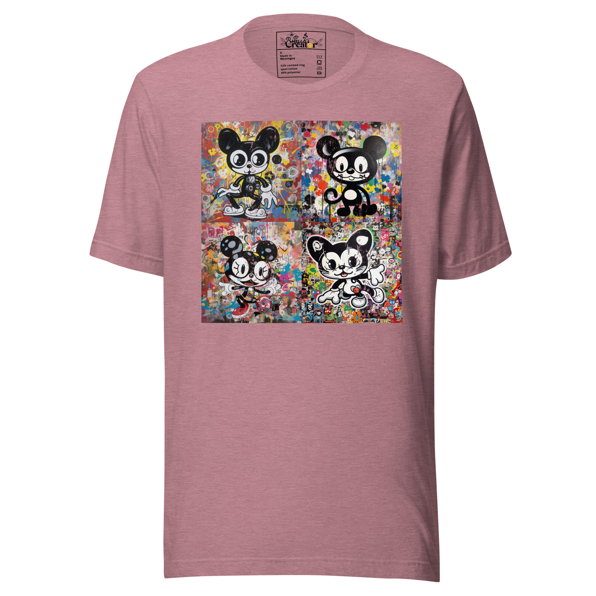 unisex-staple-t-shirt-heather-orchid-front-643ebcf53c611-1.jpg Show off your love for feline street art with our 'Street Cats' t-shirt. Featuring four unique anamorphic and trippy cartoon cat designs, this shirt is perfect for cat lovers who appreciate urban art. The designs are arranged in a 2x2 grid, creating an eye-catching and unique look. Made from high-quality materials, this shirt is both comfortable and durable, ensuring that it will last for years to come. With its unique design and bold statement, this 'Street Cats' t-shirt is a must-have addition to any cat lover's wardrobe. - Orchid t-shirt